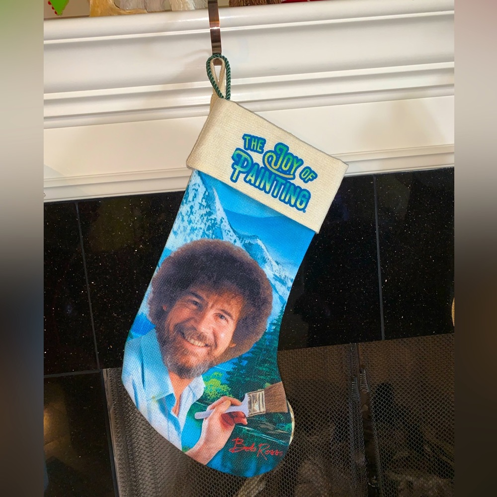 Bob Ross Christmas stocking . Full size New without tags  Burlap & fabric